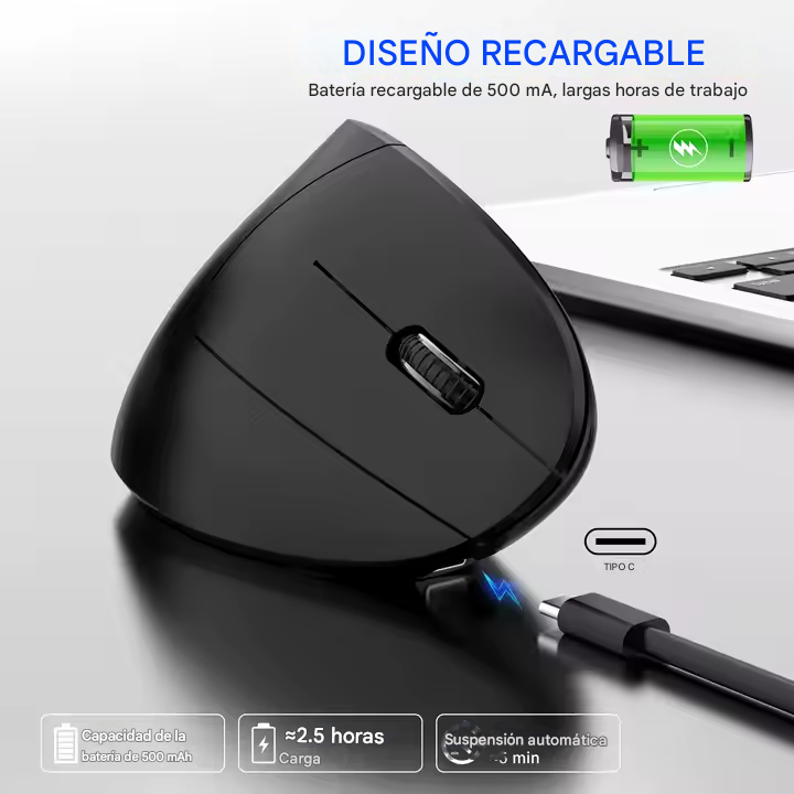ErgoLift™ - Mouse Óptico Vertical Ergonómico Inalámbrico Recargable Por USB