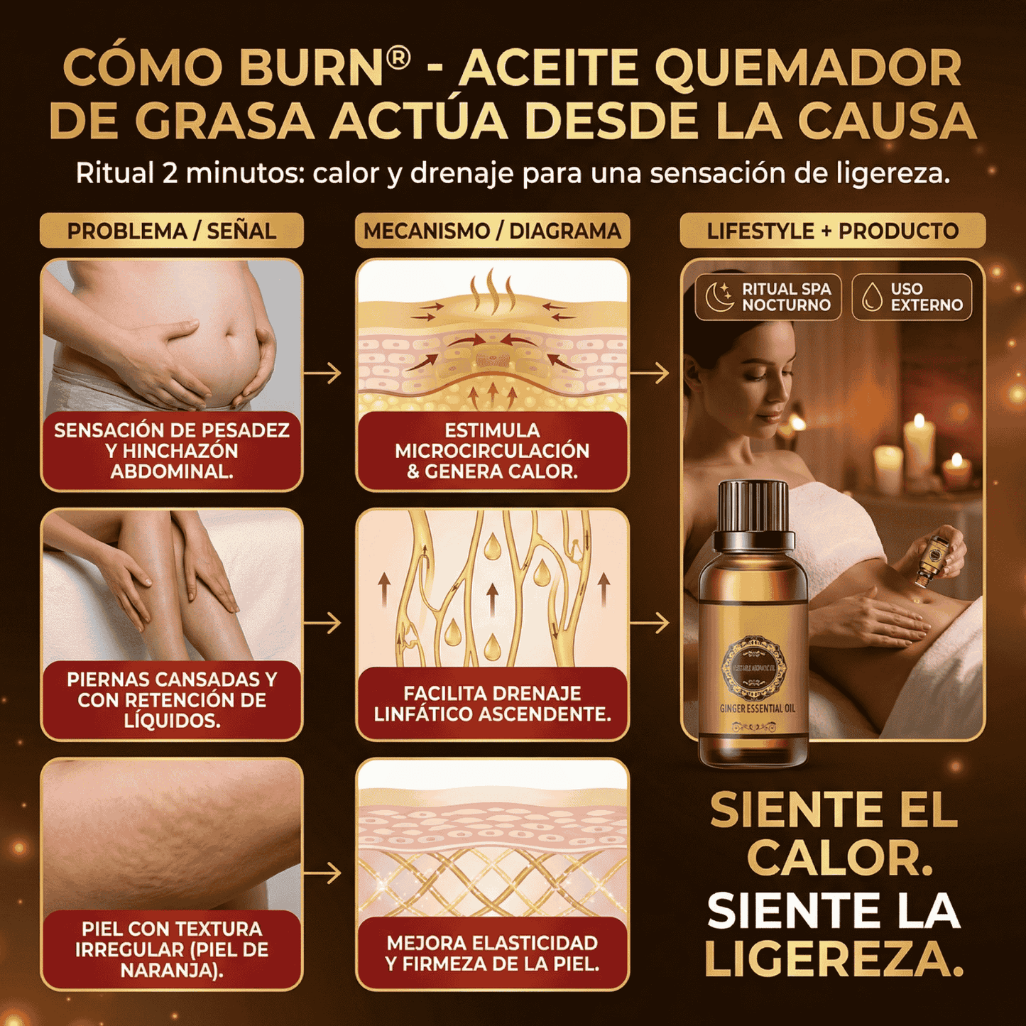 BURN® - Aceite Quemador De Grasa - Reafirmante - Drenaje Linfático