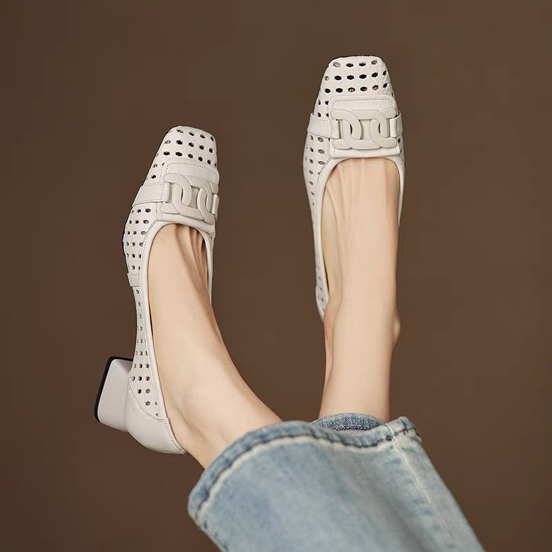 Zapato de Piel Punta Cuadrada Estilo Francés