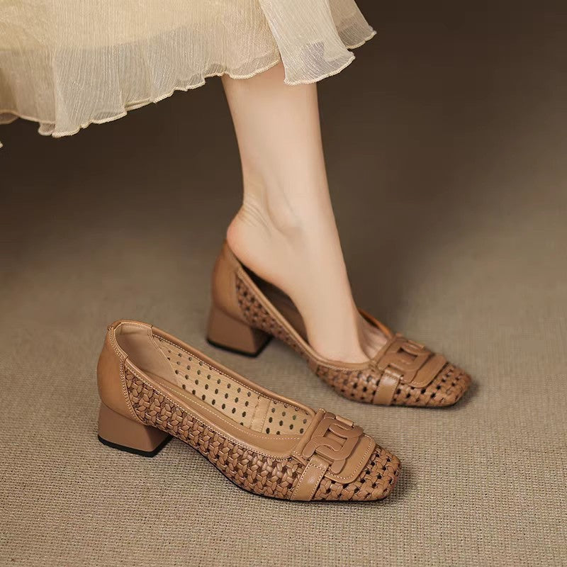Zapato de Piel Punta Cuadrada Estilo Francés