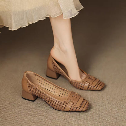 Zapato de Piel Punta Cuadrada Estilo Francés