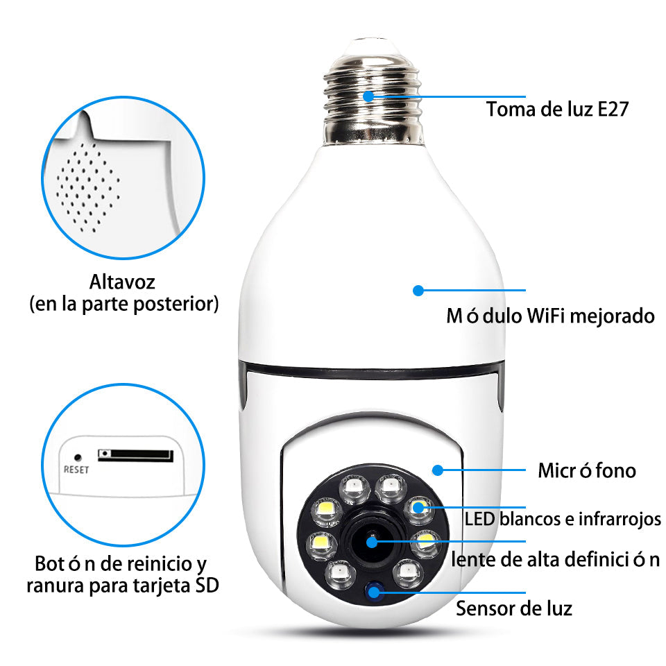 Cámara Tipo Bombillo Con Wifi , Rotación 360° Y Visión Nocturna