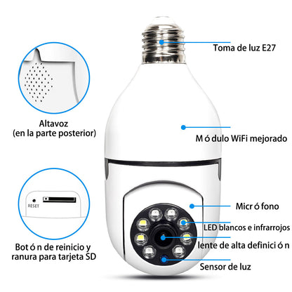 Cámara Tipo Bombillo Con Wifi , Rotación 360° Y Visión Nocturna