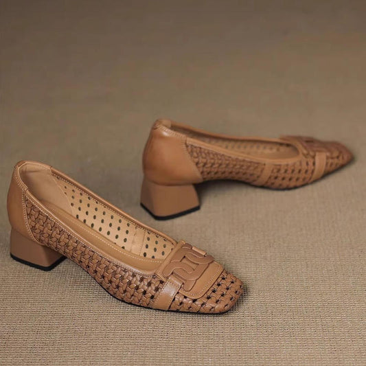 Zapato de Piel Punta Cuadrada Estilo Francés