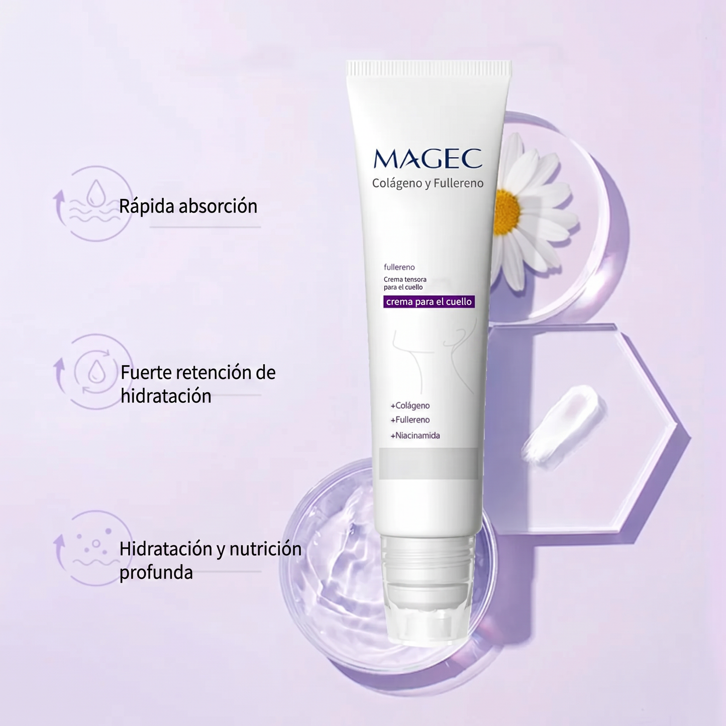 Collagen Fullerene - Crema reafirmante para el cuello, cinco rodillos para masaje