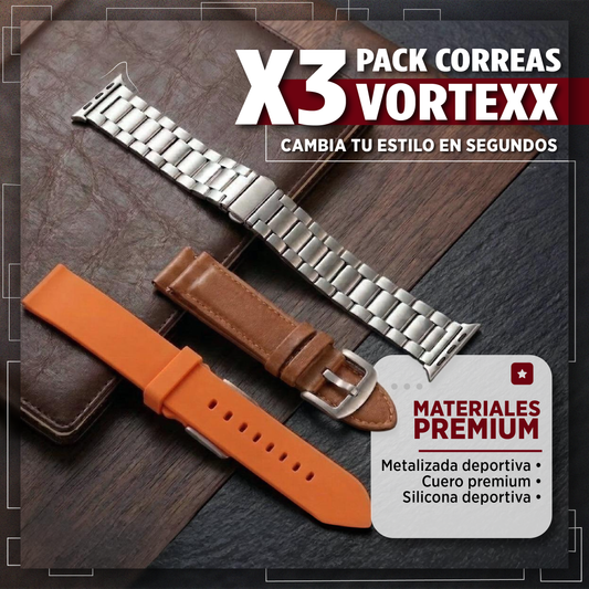 Pack x 3 Correas VortexX®: Cuero premium + Metalizada deportiva + Naranja deportiva de silicona