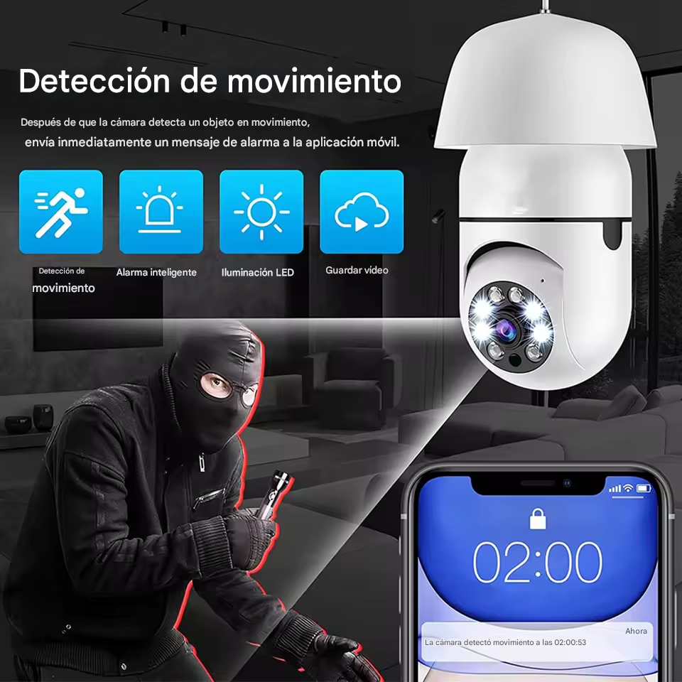 Cámara Tipo Bombillo Con Wifi , Rotación 360° Y Visión Nocturna